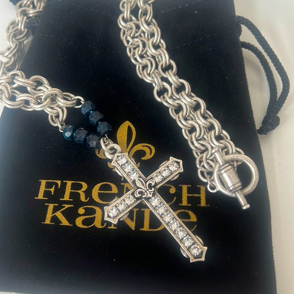 FRENCH KANDE  CROSS CHAIN WITH BLUE APATITE AND AUSTRIAN CRYSTAL